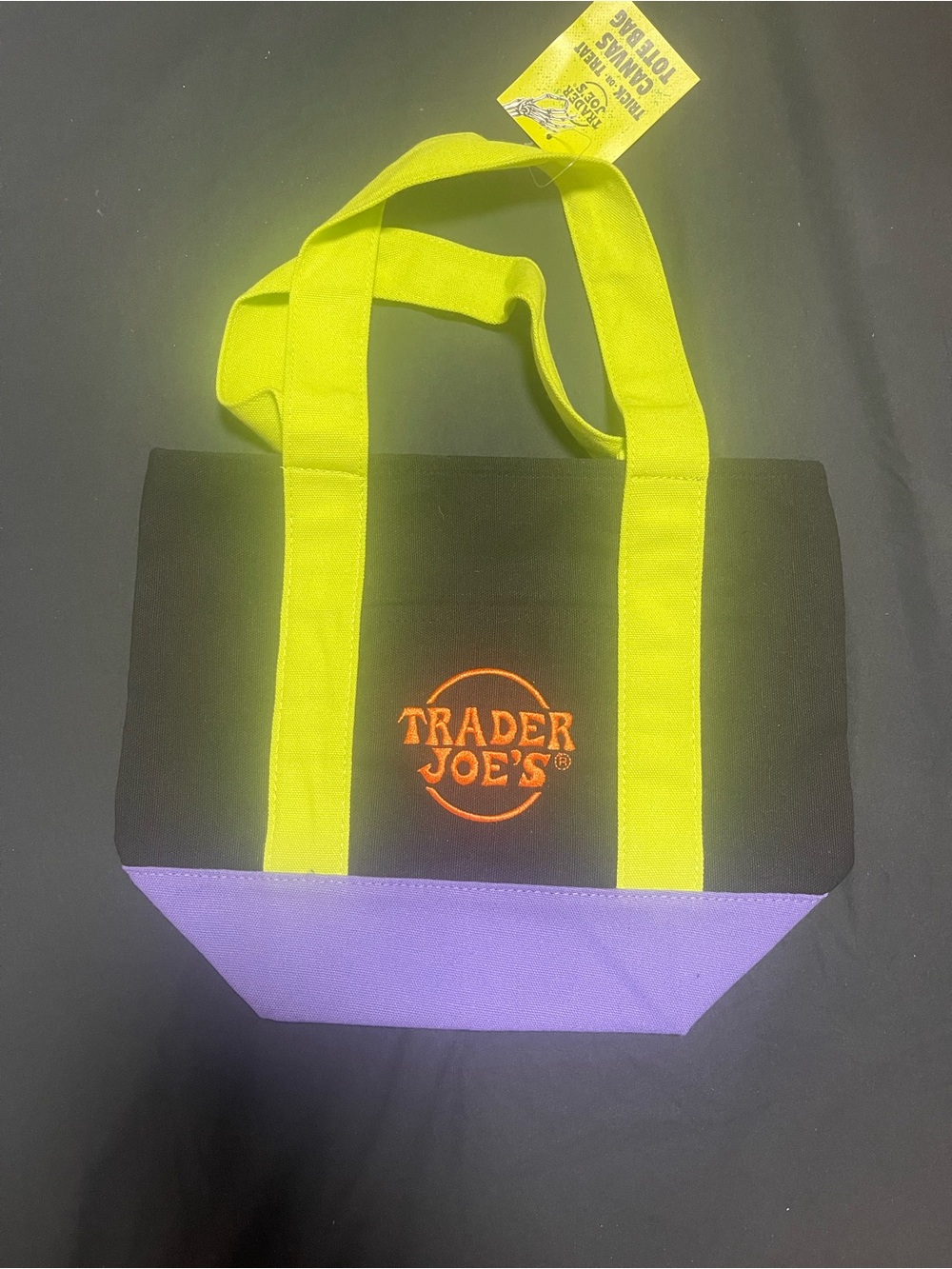 Trader Joe's Black Tote with Purple Base and Neon Yellow Handles